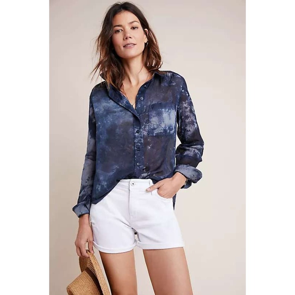 Anthropologie Navy Blue Button-Down Satin Blouse